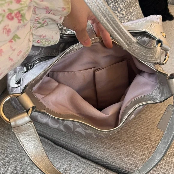 Coach Soho Signature Metallic Silver Gray Purple Sateen Buckle Hobo Shoulder Bag - Picture 4 of 10